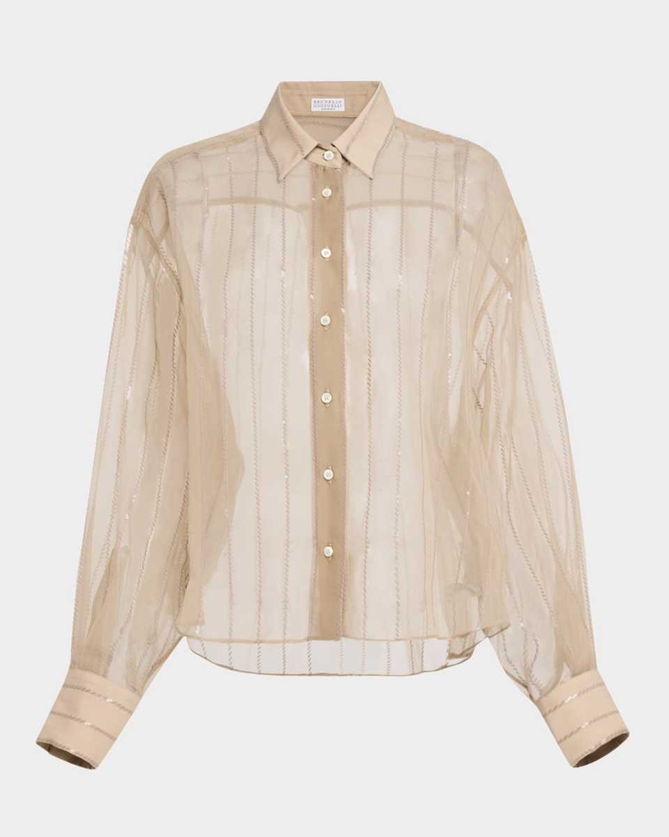 Striped Paillette Crispy Silk Chiffon Button-Down Blous